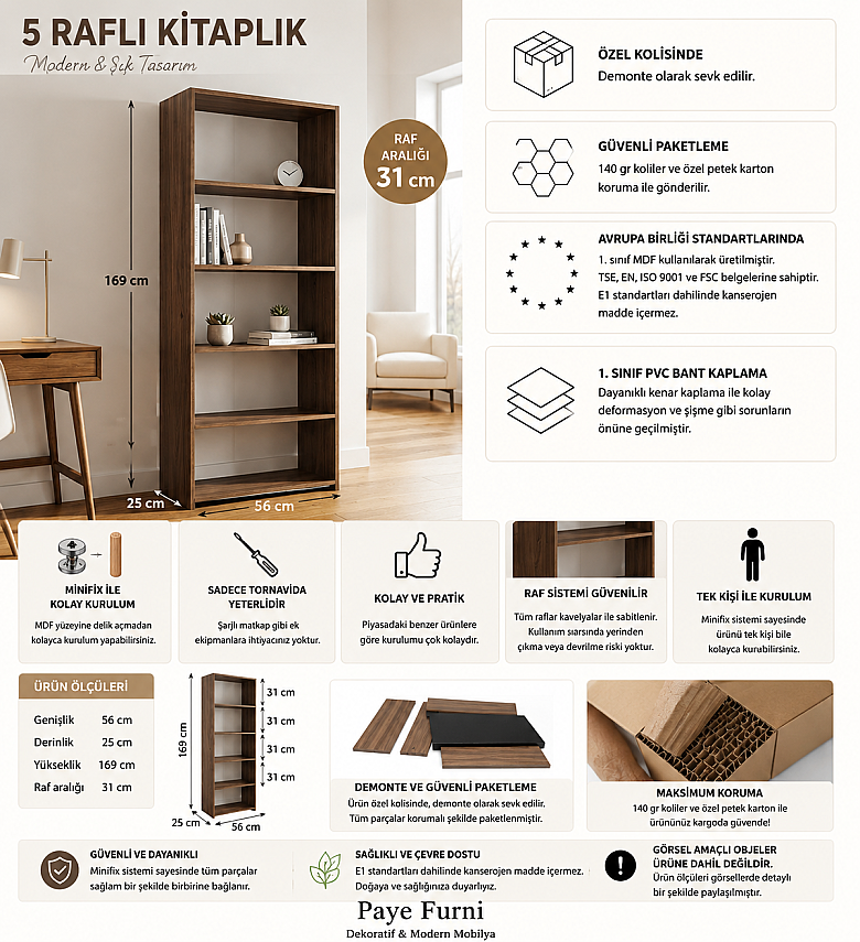 5 Raflı Kitaplık %100 MDF - Ceviz - 3