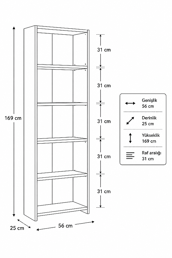 5 Raflı Kitaplık %100 MDF - Ceviz - 7