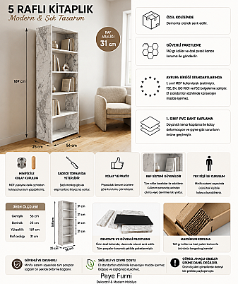 5 Raflı Kitaplık %100 MDF - Mermer Desen - 8