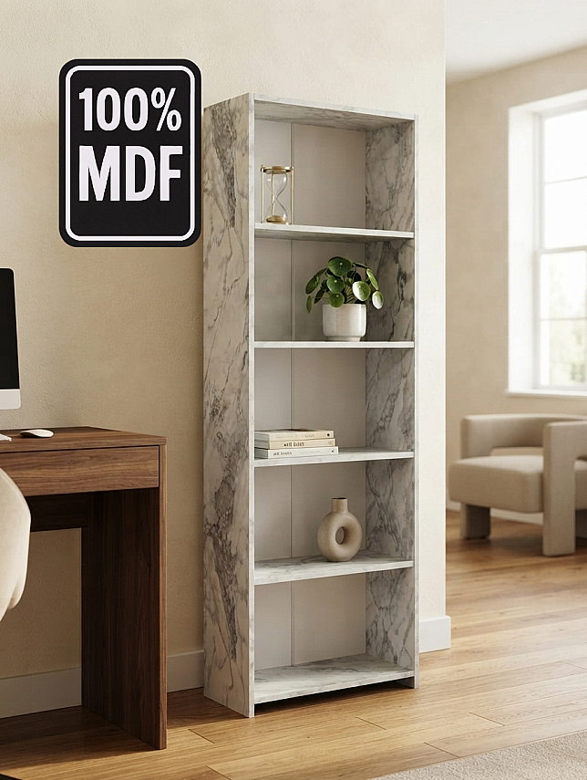 5 Raflı Kitaplık %100 MDF - Mermer Desen - 1