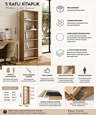 5 Raflı Kitaplık %100 MDF - Safir Meşe - 4