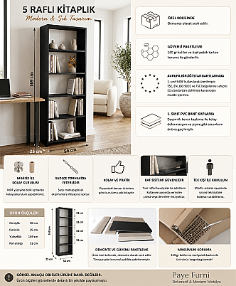 5 Raflı Kitaplık %100 MDF - Siyah - 3