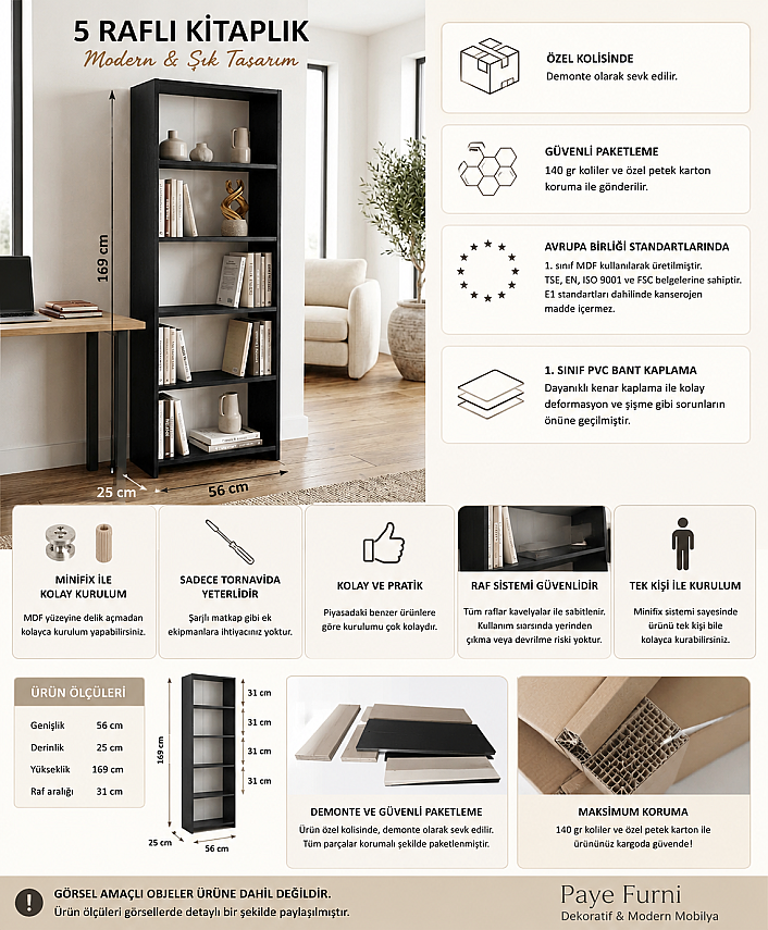 5 Raflı Kitaplık %100 MDF - Siyah - 3
