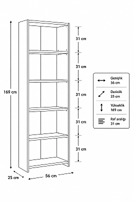 5 Raflı Kitaplık %100 MDF - Siyah - 7