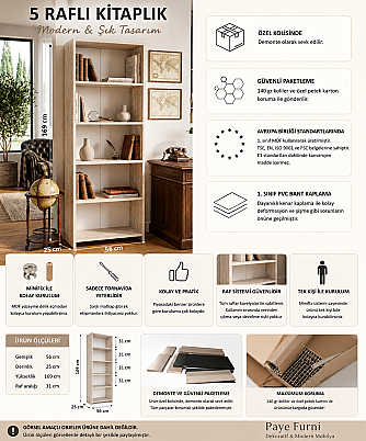 5 Raflı Kitaplık %100 MDF - Traverten - 6