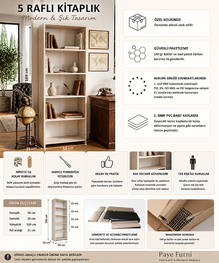 5 Raflı Kitaplık %100 MDF - Traverten - 6