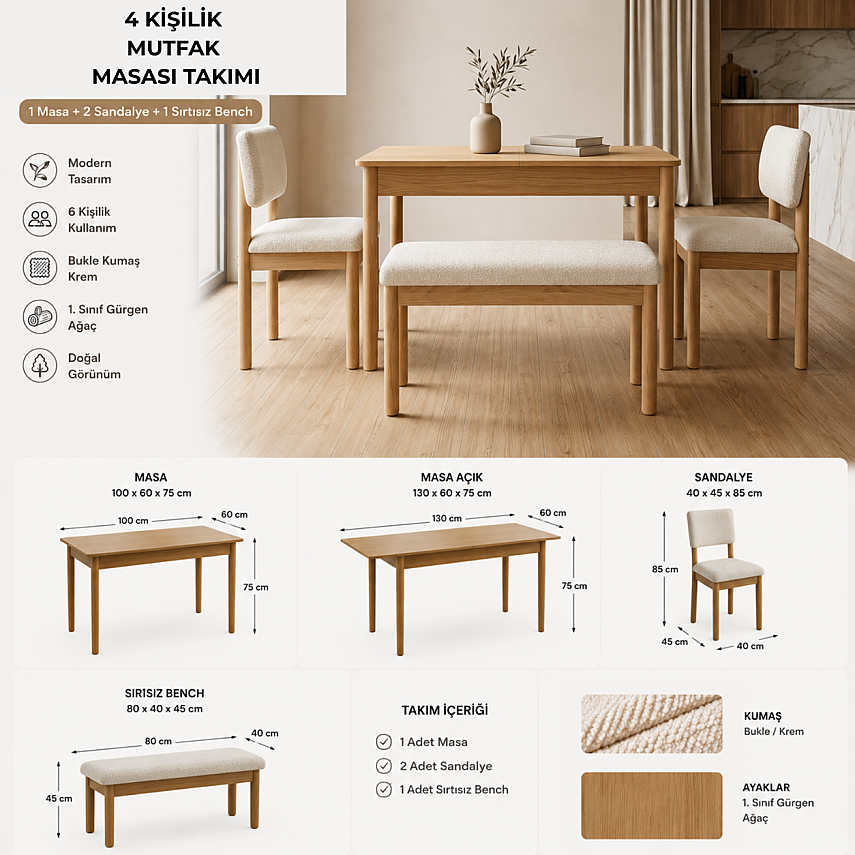 Nuu Minimal 2 Sandalye 1 Sırtsız Bench Mutfak Masa Takımı - 2