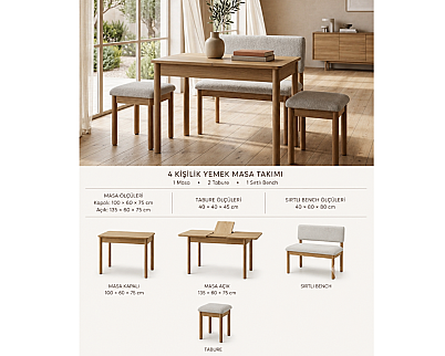nuu minimal 2 Tabure 1 Sırtlı Bench Mutfak Masa Takımı - 7