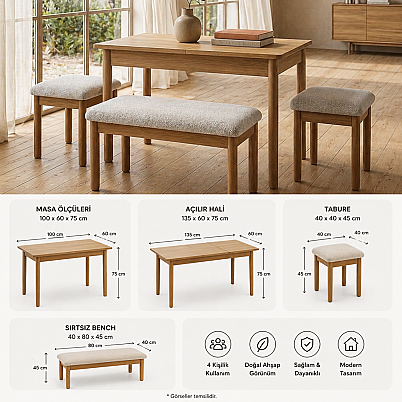 nuu minimal 2 Tabure 1 Sırtsız Bench Mutfak Masa Takımı - 6