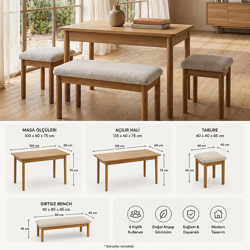 nuu minimal 2 Tabure 1 Sırtsız Bench Mutfak Masa Takımı - 6