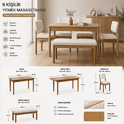 Nuu Minimal 4 Sandalye 1 Sırtsız Bench Mutfak Masa Takımı - 3