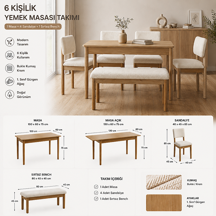 Nuu Minimal 4 Sandalye 1 Sırtsız Bench Mutfak Masa Takımı - 3