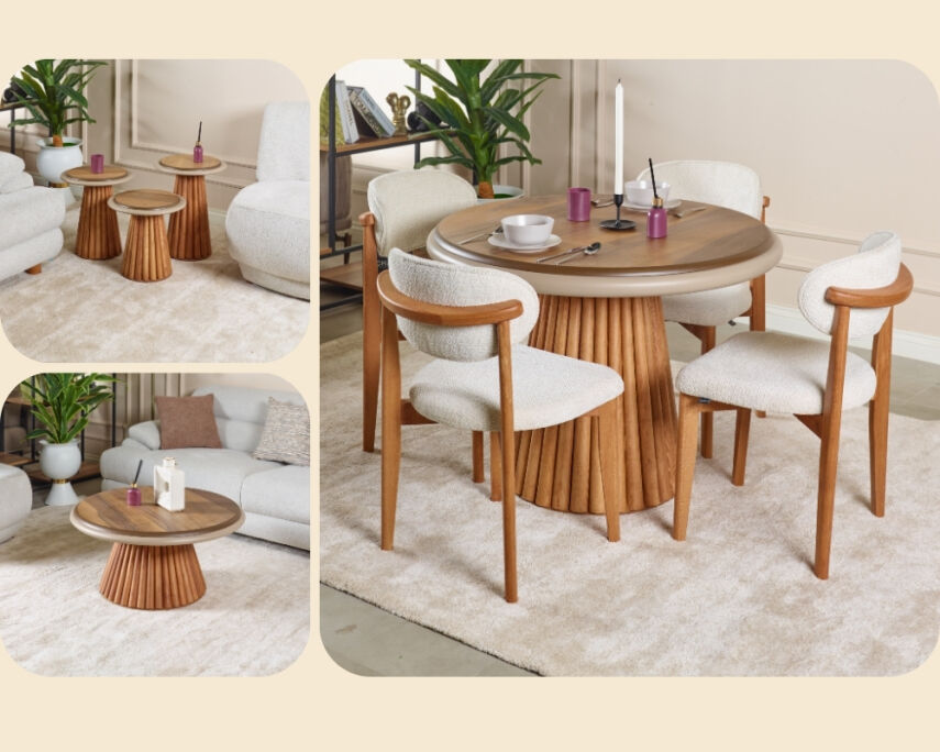 Somera Doğal Ceviz Kaplama Masa Takımı 4 Sandalye 1 Masa 100Ø + Orta Sehpa + Servis Sehpası - 1