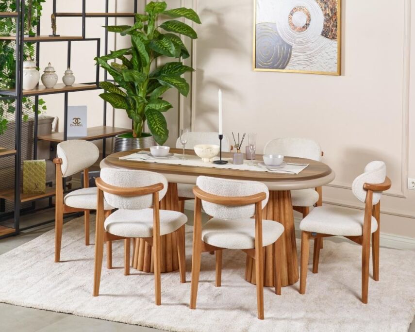 Somera Doğal Ceviz Kaplama Masa Takımı 6 Sandalye 1 Masa + Orta Servis + Servis Sehpası - 2