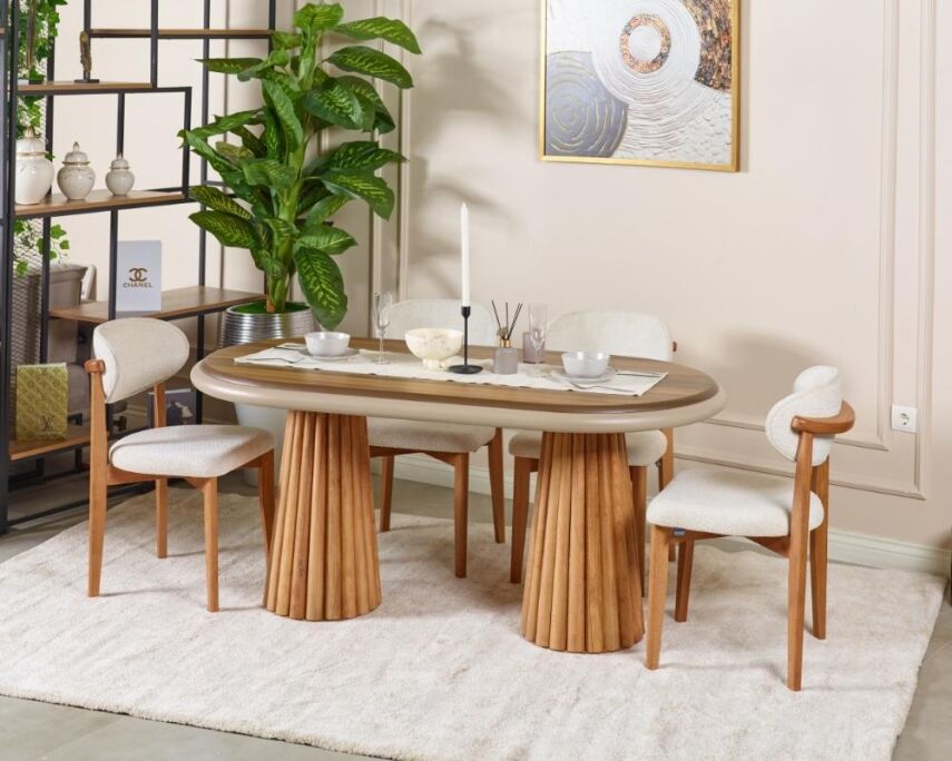 Somera Doğal Ceviz Kaplama Masa Takımı 6 Sandalye 1 Masa + Orta Servis + Servis Sehpası - 5