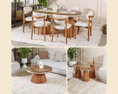 Somera Doğal Ceviz Kaplama Masa Takımı 6 Sandalye 1 Masa + Orta Servis + Servis Sehpası - 