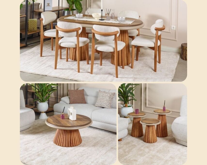 Somera Doğal Ceviz Kaplama Masa Takımı 6 Sandalye 1 Masa + Orta Servis + Servis Sehpası - 1