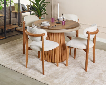 Somera Doğal Ceviz Kaplama Masa takımı 4 Sandalye 1 Masa 100Ø - 