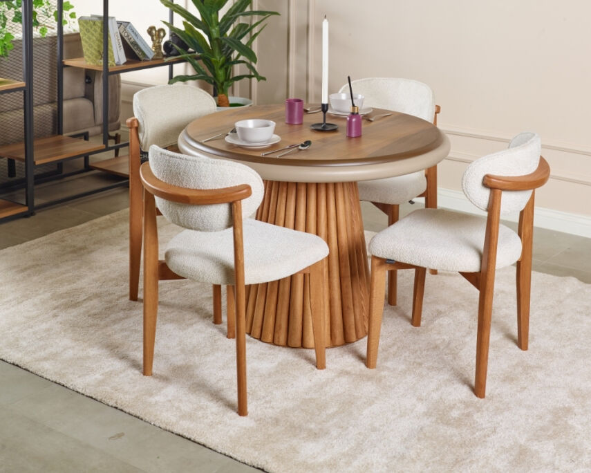 Somera Doğal Ceviz Kaplama Masa takımı 4 Sandalye 1 Masa 100Ø - 1