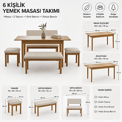 nuu minimal 2 Tabure 1 Sırtlı Bench 1 Sırtsız Bench Mutfak Masa Takımı - 8