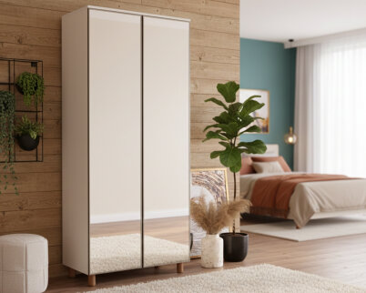 İtra 2 Kapaklı Gardırop Krem Gövde (Aynalı Kapak) - 