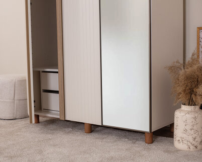 İtra 3 Kapaklı Gardırop Krem Gövde (2 Kapak Krem Lake 1 Kapak Aynalı) - 4