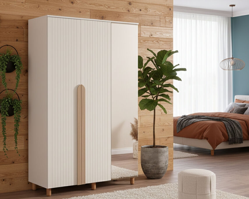 İtra 3 Kapaklı Gardırop Krem Gövde (2 Kapak Krem Lake 1 Kapak Aynalı) - 1