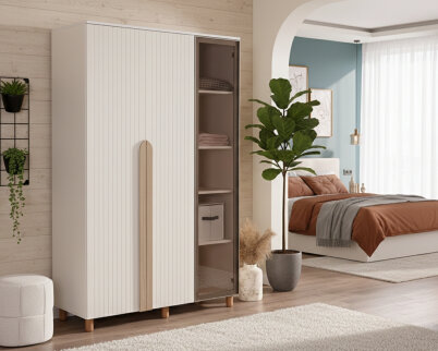 İtra 3 Kapaklı Gardırop Krem Gövde (2 Kapak Krem Lake 1 Kapak Camlı) - 