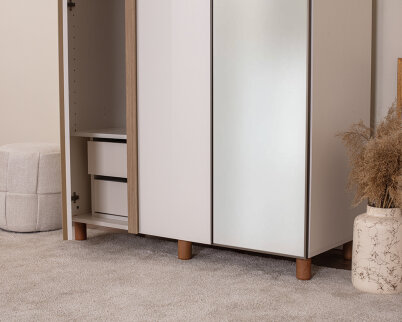 İtra 3 Kapaklı Gardırop Krem Gövde (2 Kapak Krem MDFLAM 1 Kapak Aynalı) - 4