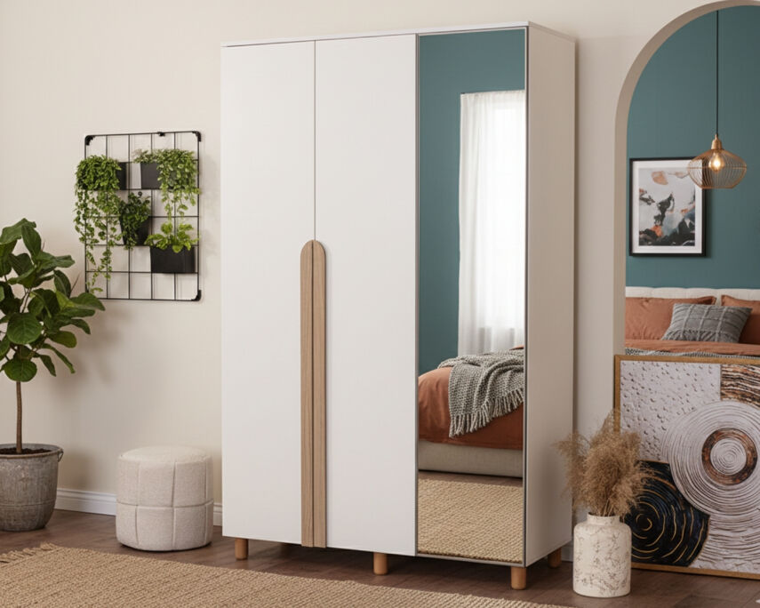 İtra 3 Kapaklı Gardırop Krem Gövde (2 Kapak Krem MDFLAM 1 Kapak Aynalı) - 1