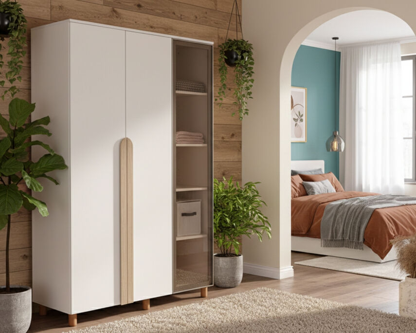 İtra 3 Kapaklı Gardırop Krem Gövde (2 Kapak Krem MDFLAM 1 Kapak Camlı) - 1