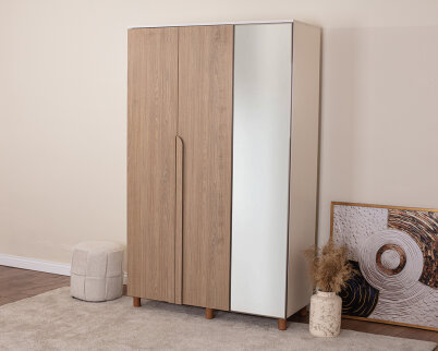 Vibe 3 Kapaklı Krem Gövde (2 Kapak Meşe MDFLAM 1 Kapak Aynalı) - 