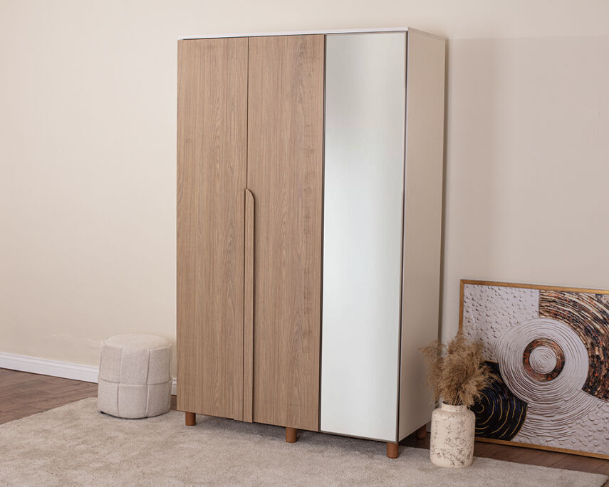 Vibe 3 Kapaklı Krem Gövde (2 Kapak Meşe MDFLAM 1 Kapak Aynalı) - 