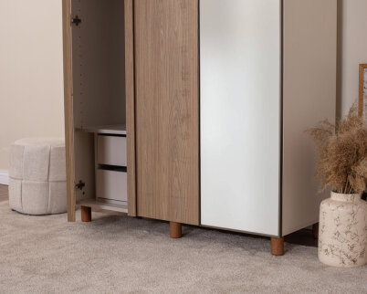 İtra 3 Kapaklı Krem Gövde (2 Kapak Meşe MDFLAM 1 Kapak Aynalı) - 4