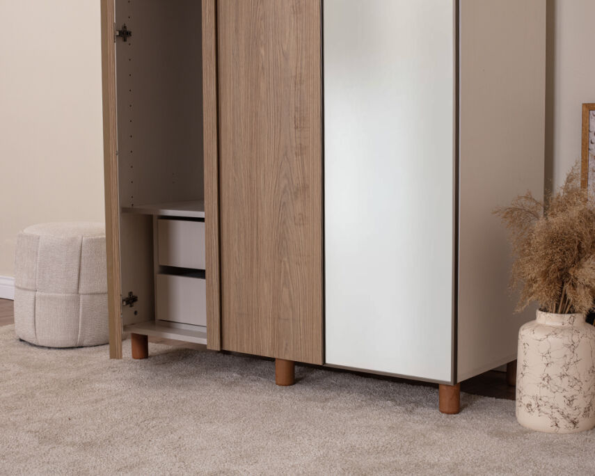 Vibe 3 Kapaklı Krem Gövde (2 Kapak Meşe MDFLAM 1 Kapak Aynalı) - 4