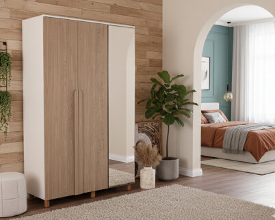 İtra 3 Kapaklı Krem Gövde (2 Kapak Meşe MDFLAM 1 Kapak Aynalı) - 