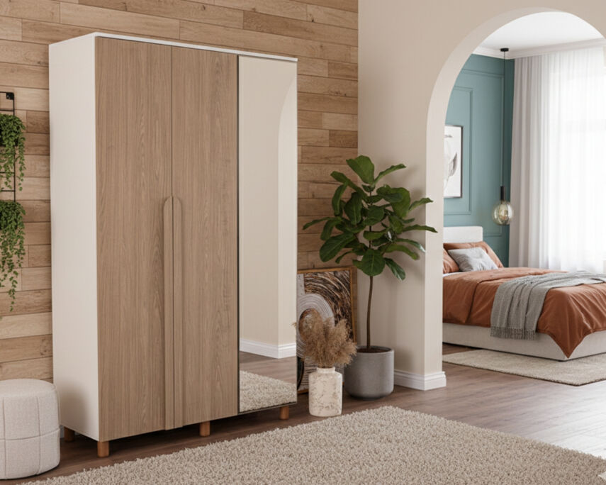 İtra 3 Kapaklı Krem Gövde (2 Kapak Meşe MDFLAM 1 Kapak Aynalı) - 1