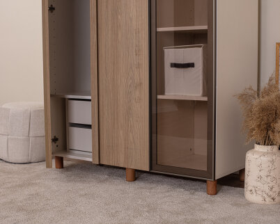 İtra 3 Kapaklı Gardırop Krem Gövde (2 Kapak Meşe MDFLAM 1 Kapak Camlı) - 4