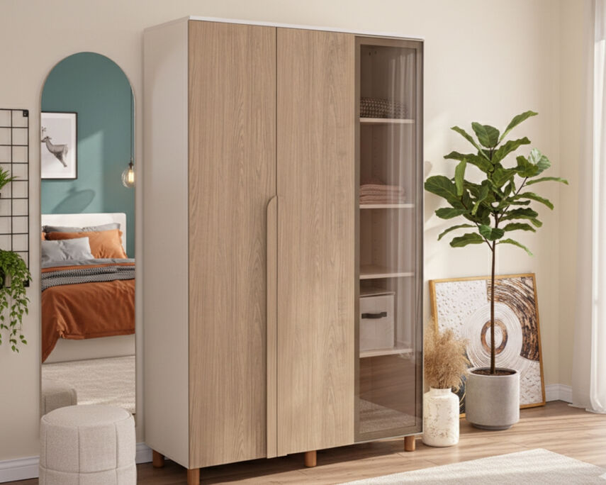 İtra 3 Kapaklı Gardırop Krem Gövde (2 Kapak Meşe MDFLAM 1 Kapak Camlı) - 1