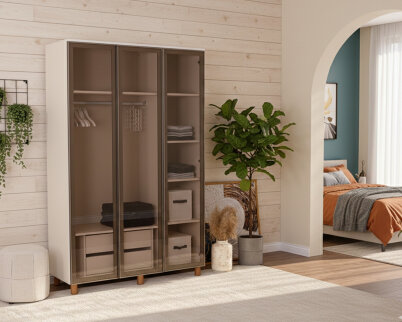 İtra 3 Kapaklı Gardırop Krem Gövde (Cam Kapak) - 