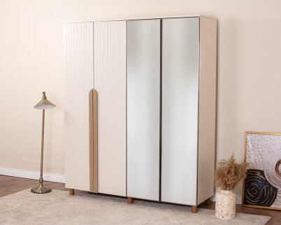 İtra 4 Kapaklı Gardırop Krem Gövde (2 Kapak Krem Lake 2 Kapak Aynalı) - 2