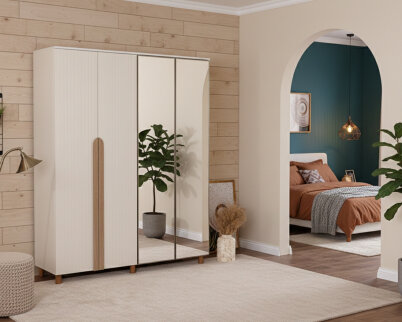 İtra 4 Kapaklı Gardırop Krem Gövde (2 Kapak Krem Lake 2 Kapak Aynalı) - 