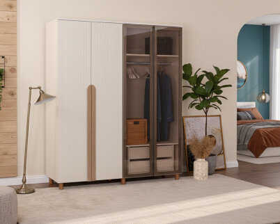 İtra 4 Kapaklı Gardırop Krem Gövde (2 Kapak Krem Lake 2 Kapak Camlı) - 