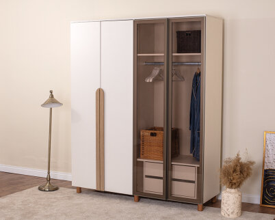 İtra 4 Kapaklı Gardırop Krem Gövde (2 Kapak Krem MDFLAM 2 Kapak Camlı) - 2