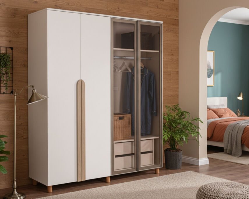 İtra 4 Kapaklı Gardırop Krem Gövde (2 Kapak Krem MDFLAM 2 Kapak Camlı) - 1