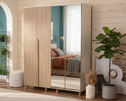 İtra 4 Kapaklı Krem Gövde (2 Kapak Meşe MDFLAM 2 Kapak Aynalı) - 