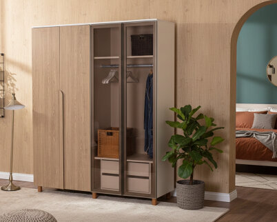  İtra 4 Kapaklı Gardırop Krem Gövde (2 Kapak Meşe MDFLAM 2 Kapak Camlı) - 