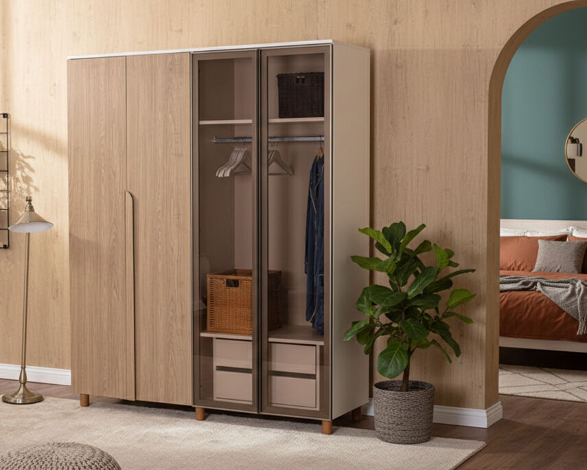  İtra 4 Kapaklı Gardırop Krem Gövde (2 Kapak Meşe MDFLAM 2 Kapak Camlı) - 1