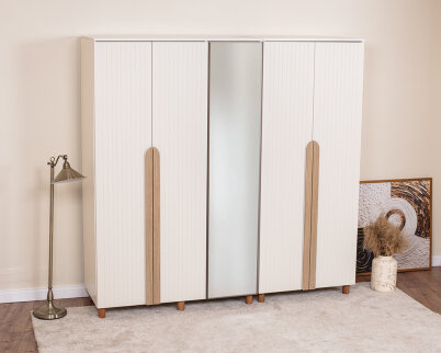 İtra 5 Kapaklı Gardırop Krem Gövde (4 Kapak Krem Lake 1 Kapak Aynalı) - 2