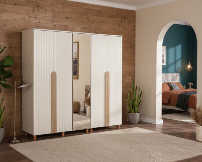 İtra 5 Kapaklı Gardırop Krem Gövde (4 Kapak Krem Lake 1 Kapak Aynalı) - 